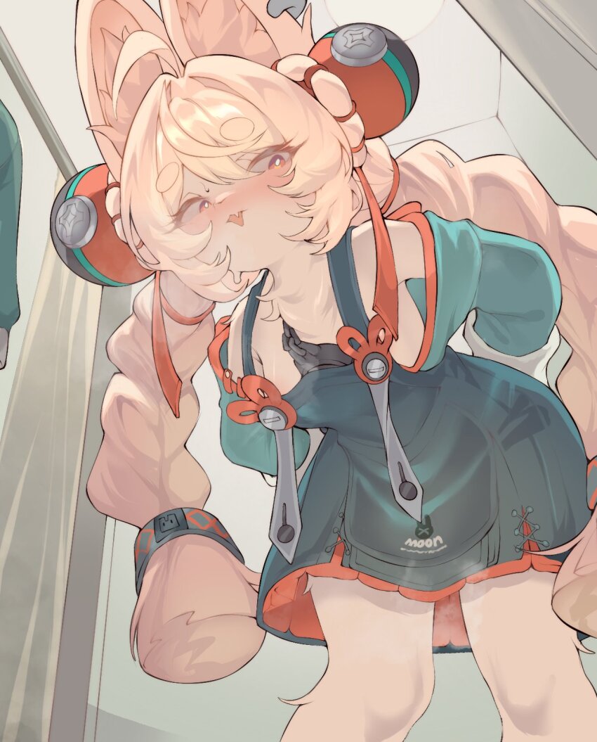 1girl, ahoge, animal_ear_fluff, animal_ears, arms_behind_back, blonde_hair, bluepudding, blush, braid, bright_pupils, changing_room, double_bun, dress, ear_piercing, fang, furry, furry_female, green_dress, green_shirt, hair_bun, hair_ornament, highres, indoors, leaning_forward, long_hair, looking_at_viewer, nose_blush, open_mouth, orange_skirt, piercing, pinafore_dress, rabbit_ears, rabbit_girl, shirt, short_dress, short_eyebrows, skirt, sleeveless, sleeveless_dress, solo, thick_eyebrows, twin_braids, undressing, very_long_hair, white_pupils, yellow_fur, zenless_zone_zero, zhao_(zenless_zone_zero)
