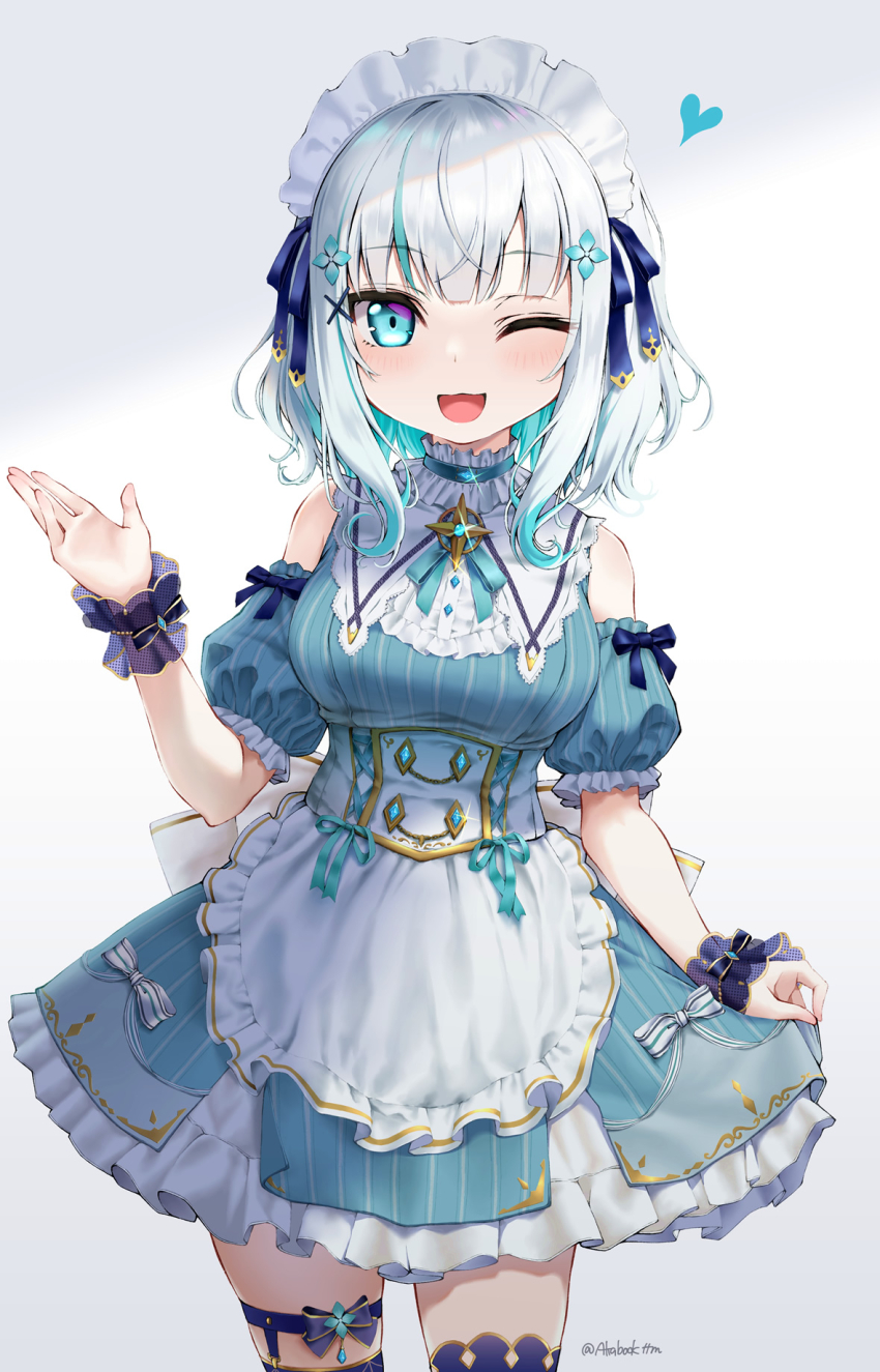 1girl, :d, apron, arm_up, ars_almal, ars_almal_(7th_costume), black_thighhighs, blue_dress