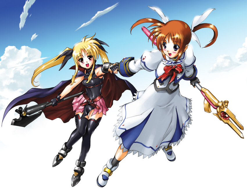 2girls, bardiche_(assault_form)_(nanoha), bardiche_(nanoha), blonde_hair, blue_eyes, brown_hair, fate_testarossa, fate_testarossa_(lightning_form)