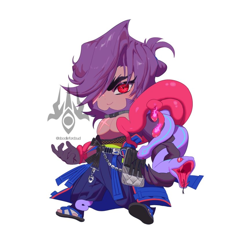 1boy, artist_logo, artist_name, beard, chibi, commentary, cross_scar, dislyte