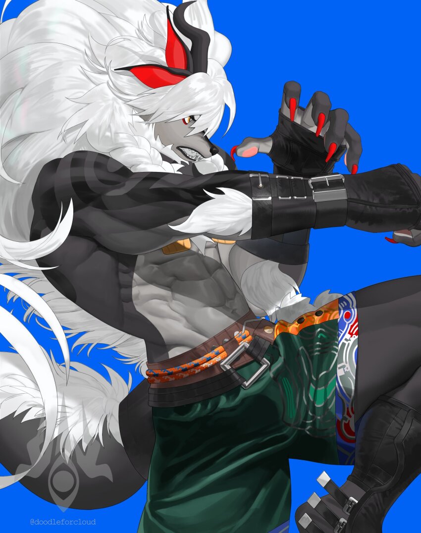 1boy, abs, artist_logo, artist_name, bara, black_gloves, blue_background, braid