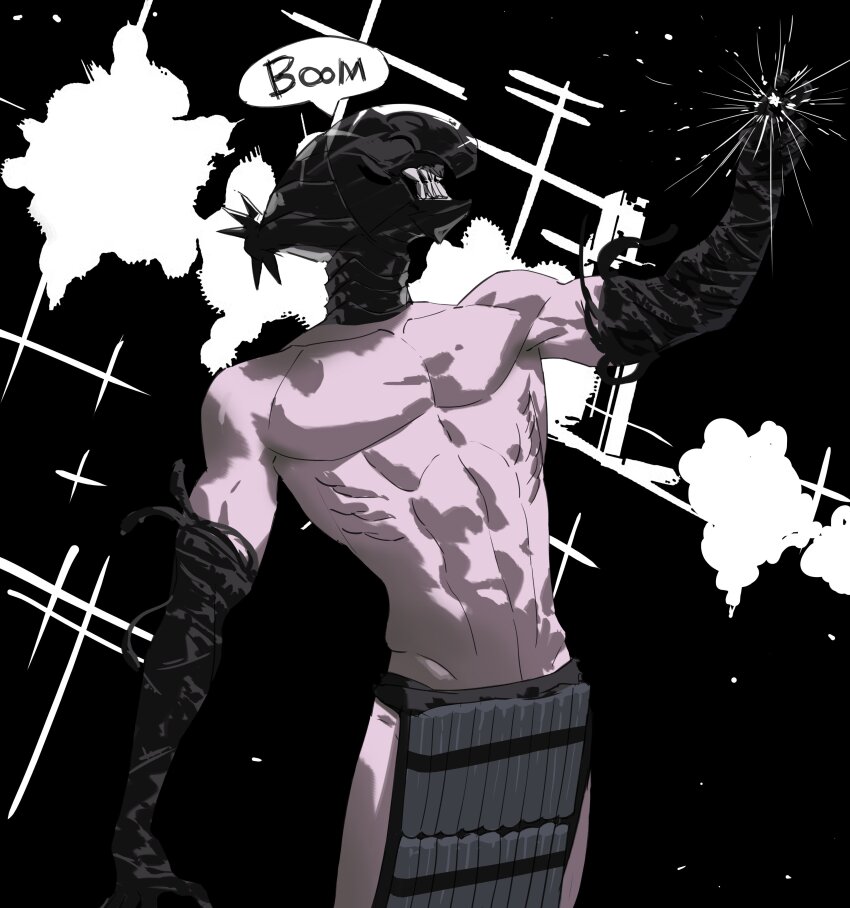 1boy, absurdres, bomb_devil_(chainsaw_man), chainsaw_man, clenched_teeth, cowboy_shot, elbow_gloves, genderswap