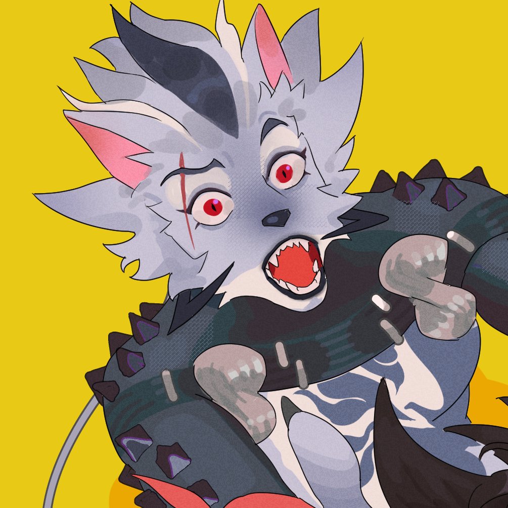 1boy, animal_ears, claws, commentary, dislyte, dog_boy, dog_ears, doodleforcloud, english_commentary, fangs, furrification, furry, furry_male, male_focus, multicolored_hair, open_mouth, red_eyes, scar, scar_across_eyebrow, scar_on_face, slit_pupils, yellow_background, yun_chuan_(yang_jian)_(dislyte)