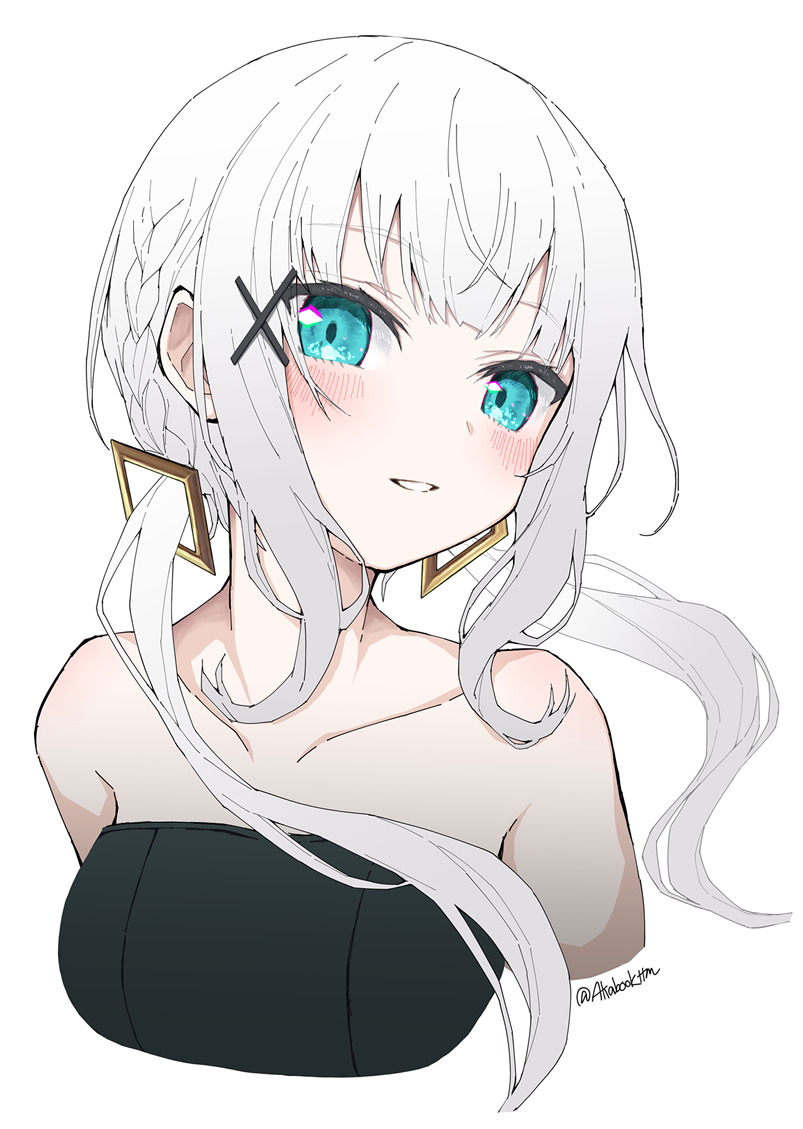 1girl, aqua_eyes, ars_almal, bare_shoulders, black_dress, braid, collarbone, cropped_torso