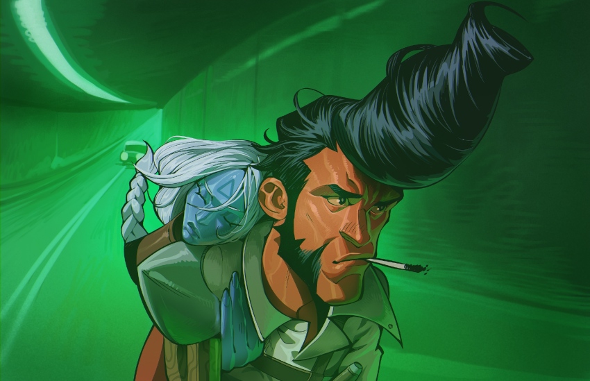 1boy, 1girl, black_hair, blue_skin, braid, car, cigarette, closed_eyes