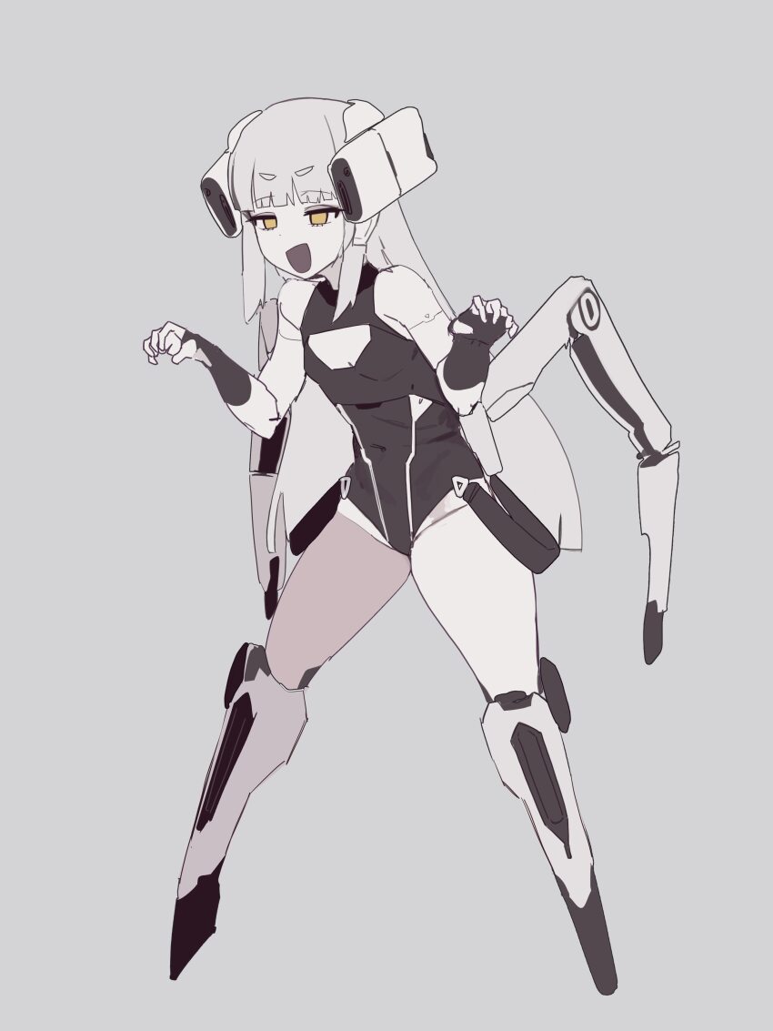 1girl, absurdres, android, arc_raiders, arthropod_girl, blunt_bangs, breasts, colored_skin, extra_arms, gya_rb, highres, insect_girl, leotard, long_hair, mechanical_arms, mechanical_legs, robot_girl, simple_background, small_breasts, spider_girl, white_background, white_hair, white_skin, yellow_eyes