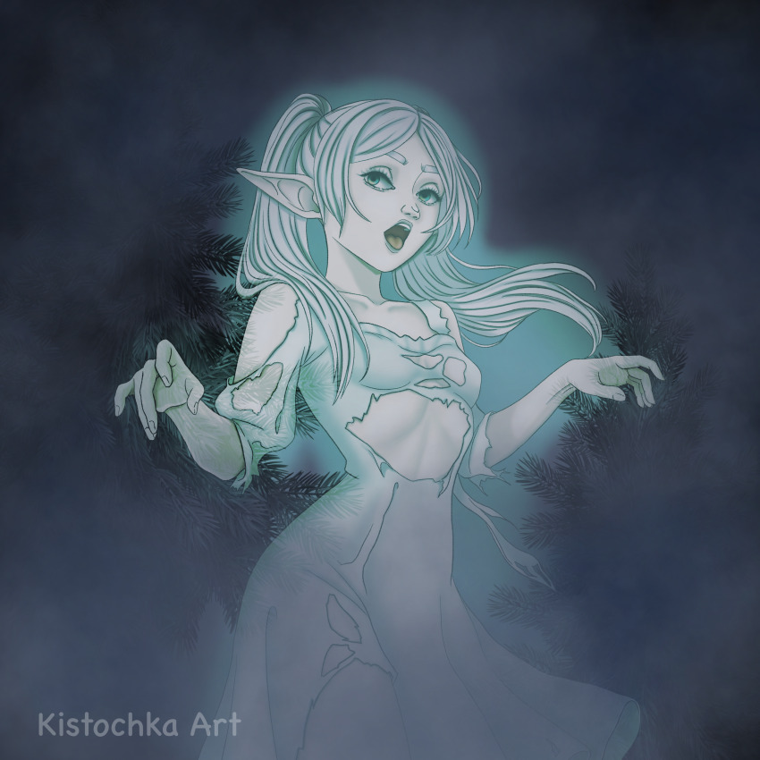 1girl, absurdres, breasts, dress, elf, frieren, ghost_costume, ghost_pose, halloween, halloween_costume, highres, kistochka, long_hair, open_mouth, petite, pointy_ears, skinny, small_breasts, solo, sousou_no_frieren, twintails