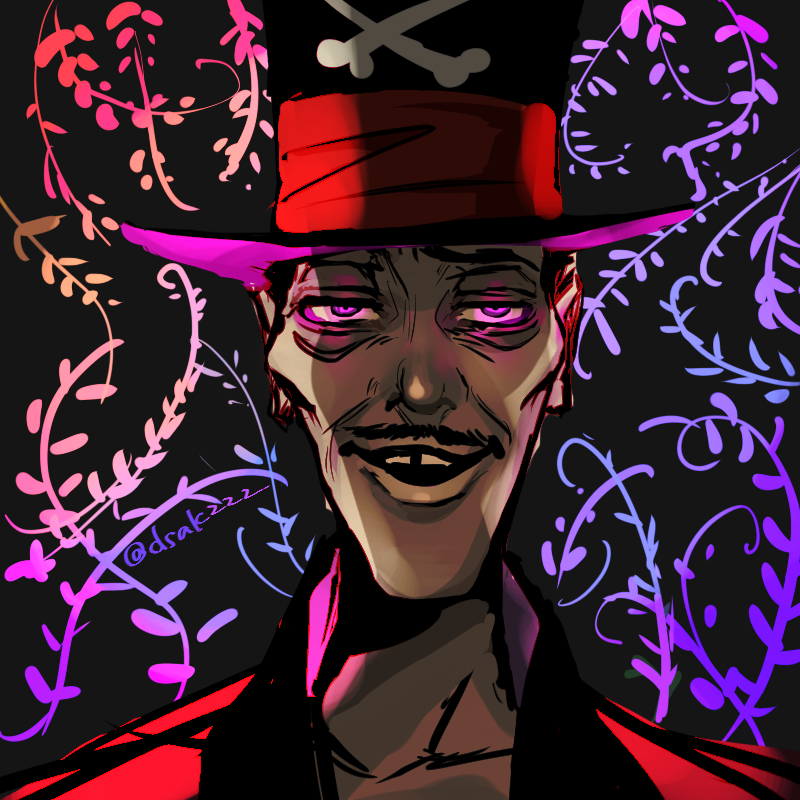 black_hair, dr._facilier, hat, karan_22, long_hair, looking_at_viewer, male_focus, open_mouth, shirt, short_hair, simple_background, the_princess_and_the_frog_(disney), top_hat