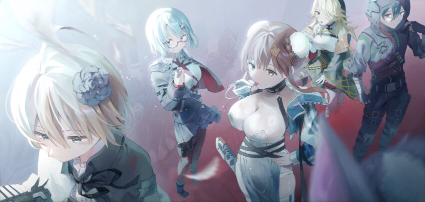 1boy, 4girls, bare_shoulders, black_choker, black_flower, black_jacket, black_rose, blonde_hair, blue_eyes, blue_hair, braid, braided_bun, breasts, brown_hair, bun_cover, chaos_zero_nightmare, choker, cleavage, double_bun, earrings, flaming_eye, flower, glasses, gun, hair_bun, hair_ornament, heterochromia, highres, holding, hood, hooded_jacket, jacket, jewelry, large_breasts, long_hair, looking_at_viewer, luke_(chaos_zero_nightmare), mika_(chaos_zero_nightmare), mole, mole_under_mouth, multiple_girls, napori06, necktie, orlea_(chaos_zero_nightmare), panties, pantyhose, piercing, red_necktie, renoa_(chaos_zero_nightmare), rose, shirt, sword, thigh_strap, thighhighs, tongue, tongue_out, tongue_piercing, underwear, weapon, white_hair, white_panties, white_shirt, yellow_eyes, yuki_(chaos_zero_nightmare)
