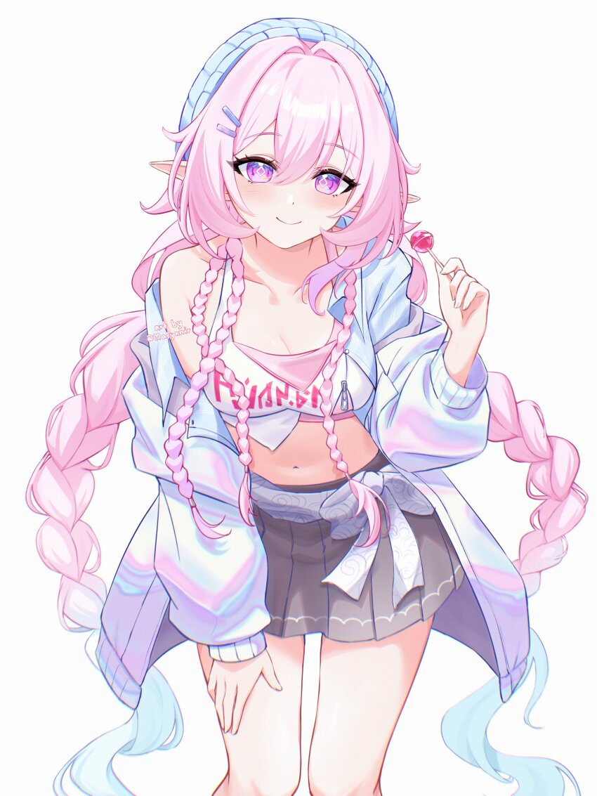 1girl, absurdres, aqua_hair, black_skirt, blue_hat, blue_jacket, braid, breasts