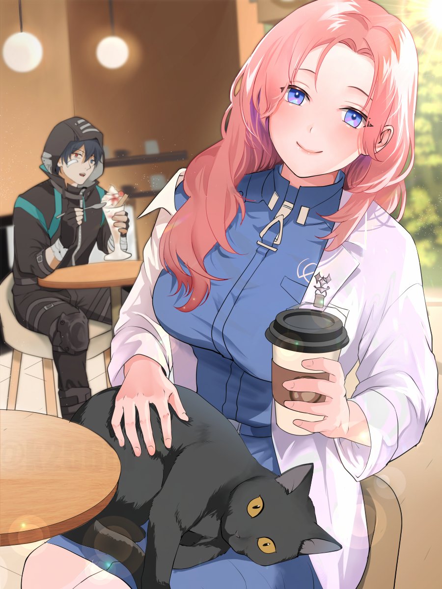 1boy, 1girl, black_jacket, blue_eyes, blue_hair, blue_shirt, breasts, cafe