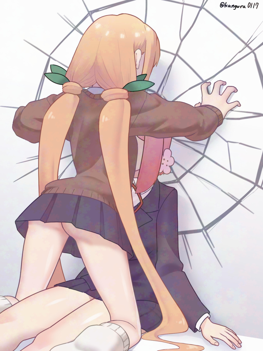 2girls, adversarial_noise, artist_name, ass, black_skirt, breast_crush, commentary, crack