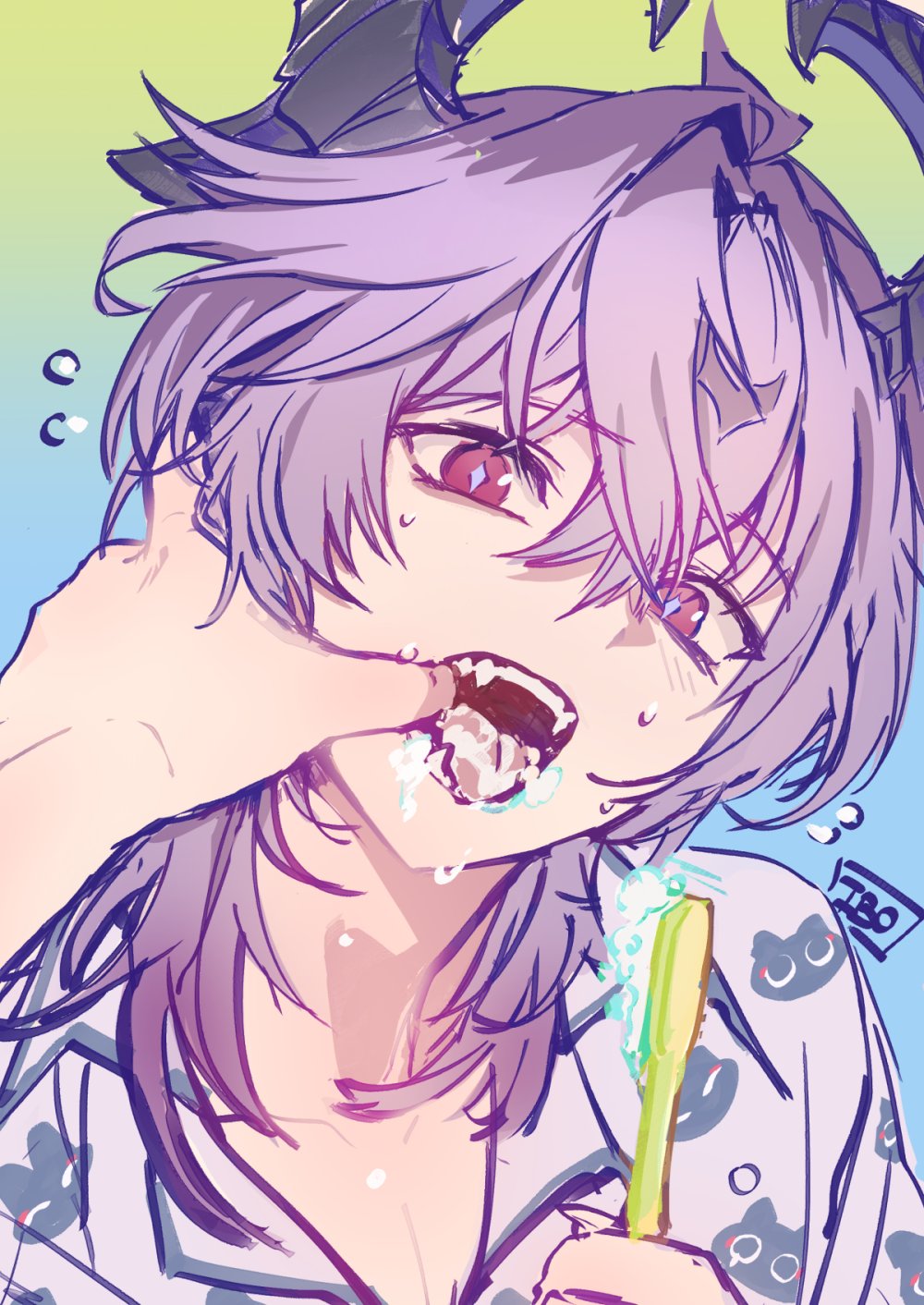 1boy, 49ibo240, dragon_horns, fangs, genshin_impact, highres, holding, holding_toothbrush, horns, mini_durin_(genshin_impact), durin_(genshin_impact), multicolored_hair, open_mouth, pajamas, pink_eyes, purple_pupils, scaramouche_(cat)_(genshin_impact), scaramouche_(genshin_impact), toothbrush