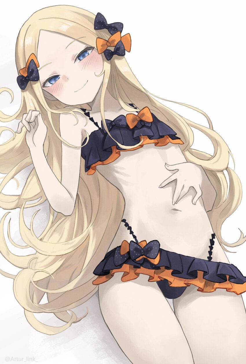 1girl, abigail_williams_(fate), absurdres, artur_link, bare_shoulders, bikini, bikini_skirt, black_bikini
