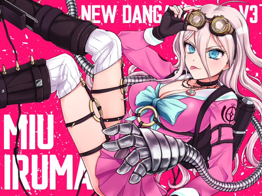 1girl, adjusting_goggles, antenna_hair, auag_(sugar_and_spice), badge, barbed_wire, black_boots, black_choker