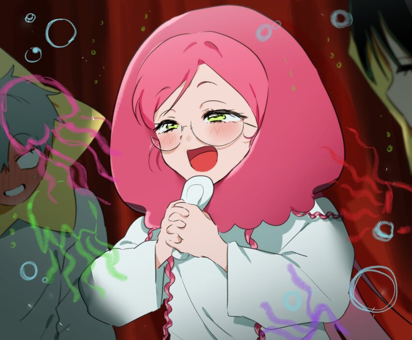 alien_stage, black_hair, blush, bubble, commentary, dobugi221833, glasses, grey_hair