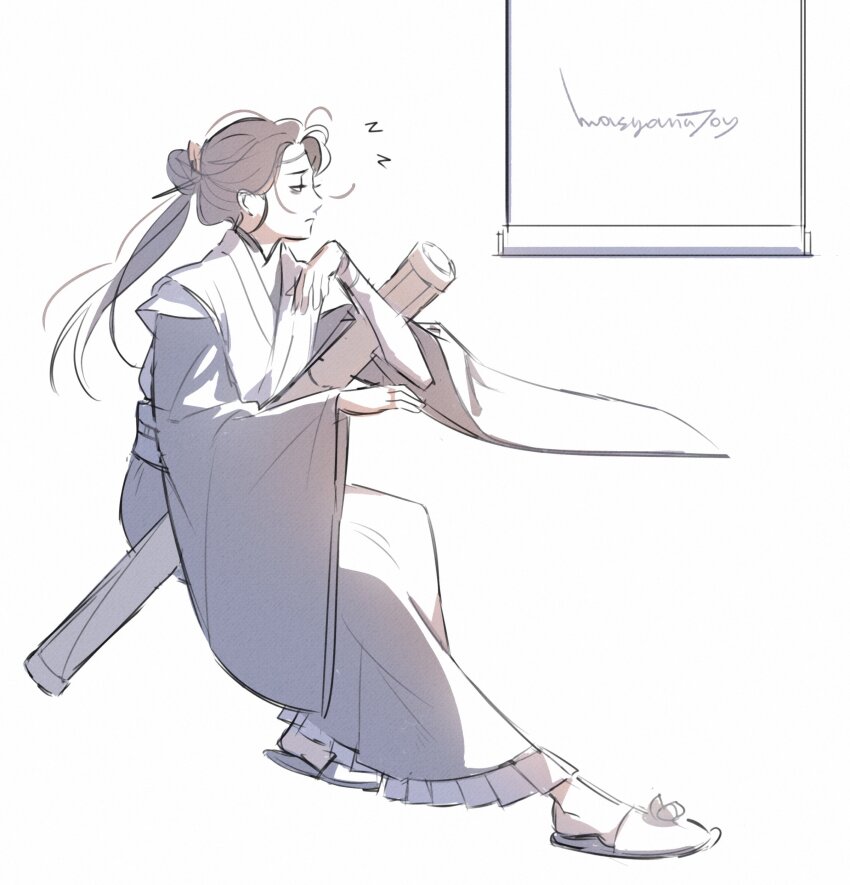 1girl, absurdres, artist_name, chinese_clothes, chinese_hairpin, closed_mouth, commentary, english_commentary, exhausted, full_body, hair_bun, hanfu, high_collar, highres, holding, holding_scroll, ling_wen, long_hair, long_sleeves, masyanajoy, muted_color, pleated_skirt, scroll, signature, simple_background, single_hair_bun, sitting, sketch, skirt, slippers, solo, spoken_zzz, tianguan_cifu, white_background, wide_sleeves, zzz