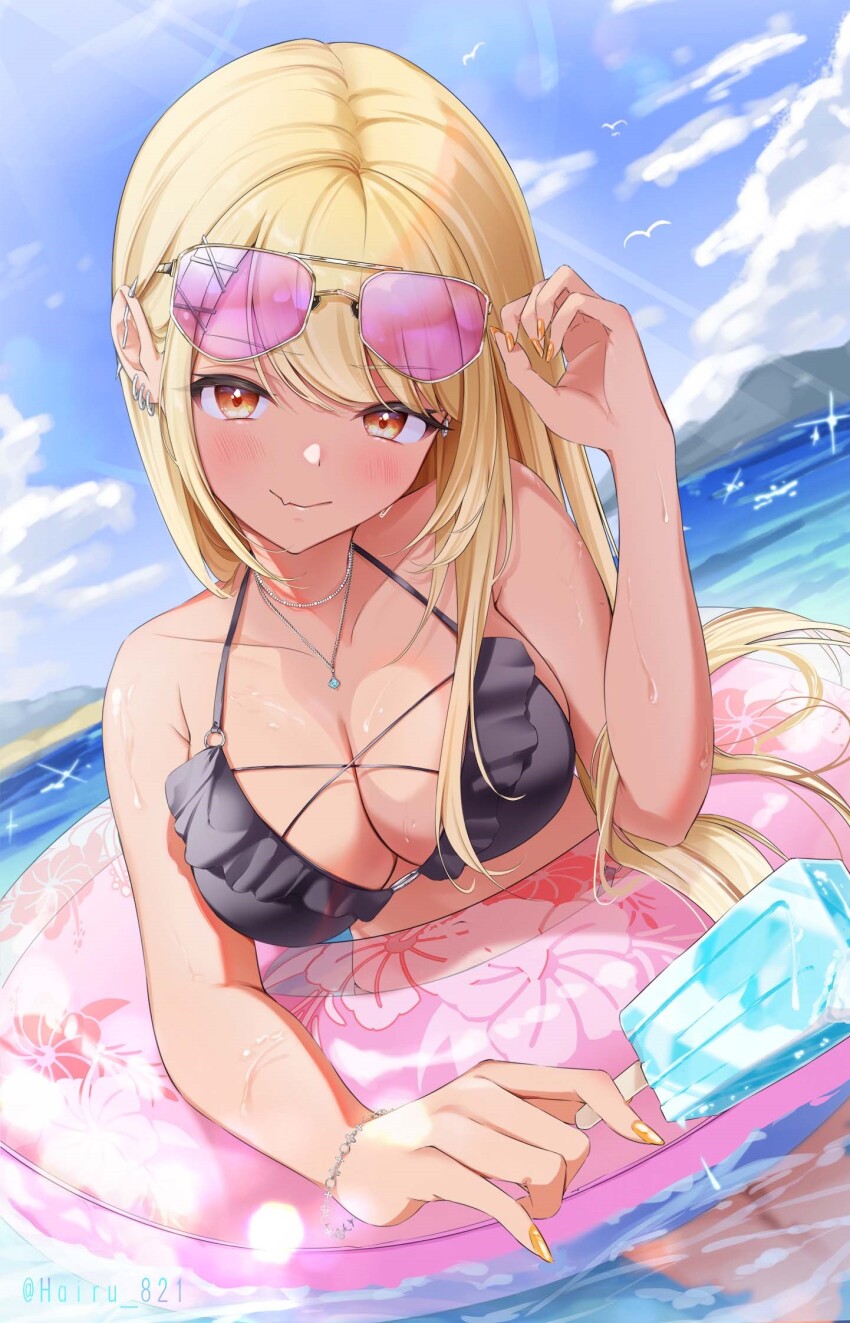 1girl, bikini, black_bikini, blonde_hair, blue_sky, blush, bracelet, breasts