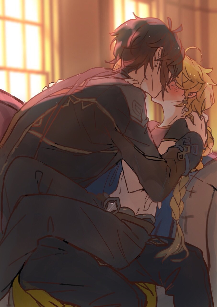 2boys, aether_(genshin_impact), ahoge, black_jacket, blonde_hair, blush, boots, braid