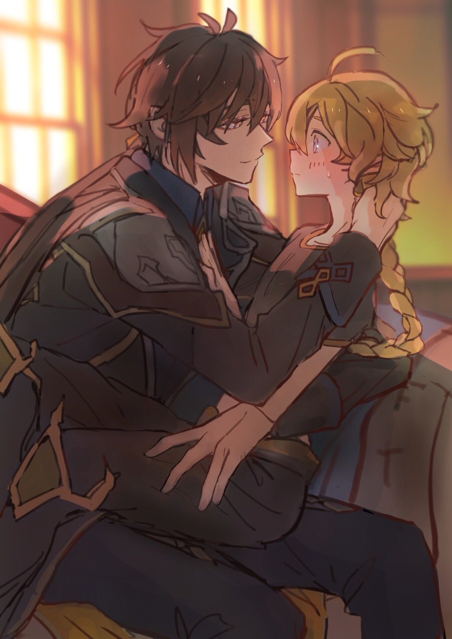 2boys, aether_(genshin_impact), ahoge, black_jacket, blonde_hair, blush, boots, braid