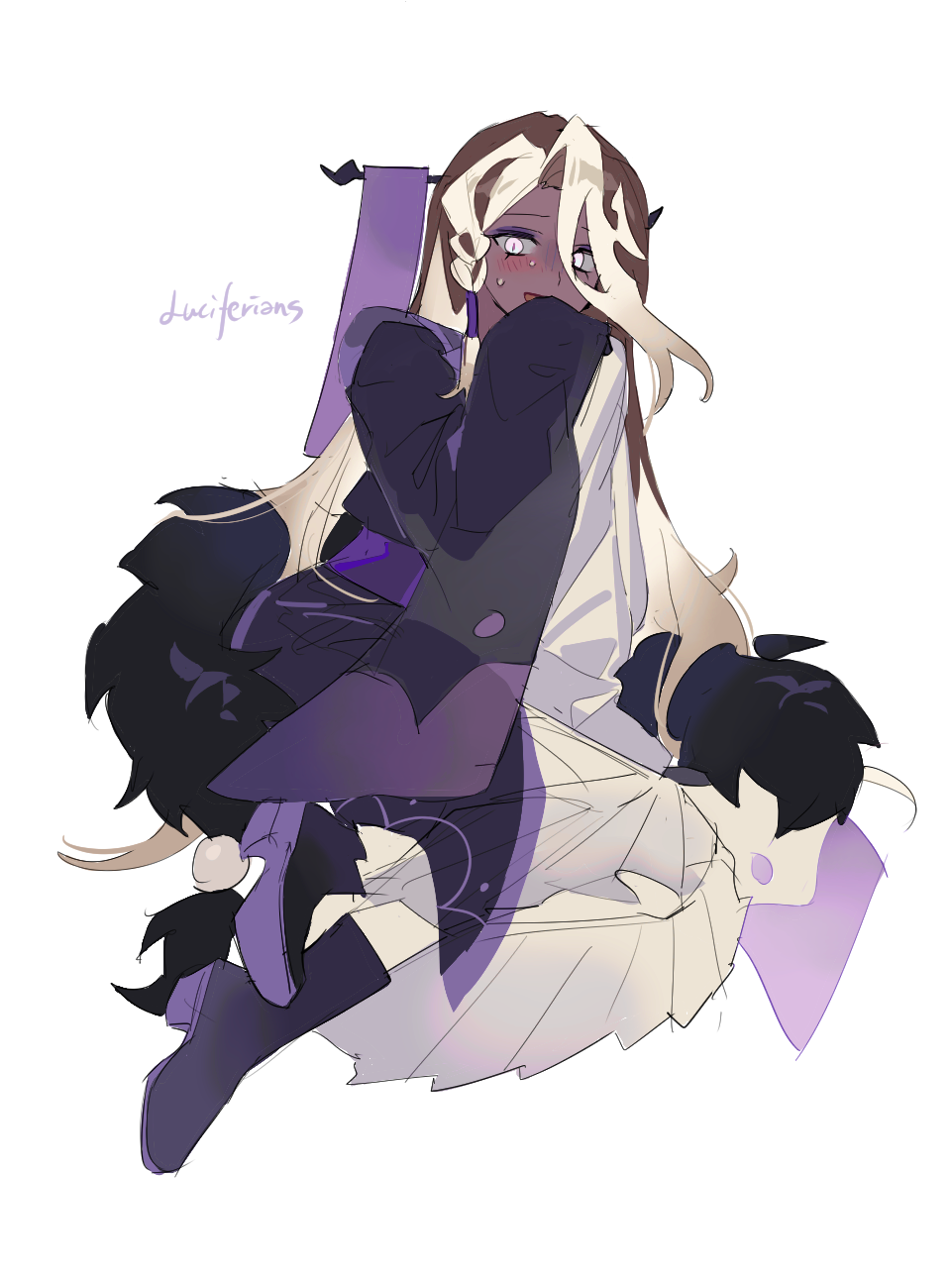 1boy, :d, affogato_cookie, alternate_hair_length, alternate_hairstyle, androgynous, asymmetrical_bangs, black_boots, black_kimono, blush, boots, braid, brown_hair, colored_shoe_soles, colored_tips, cookie_run, cookie_run:_kingdom, dark-skinned_male, dark_skin, eyeshadow, full_body, hair_between_eyes, high_heel_boots, high_heels, highres, humanization, japanese_clothes, kimono, long_hair, long_sleeves, looking_at_viewer, makeup, male_focus, multicolored_hair, open_mouth, purple_eyeshadow, shime52631, side_braid, simple_background, single_braid, sitting, sleeves_past_wrists, smile, solo, sweat, trap, two-tone_hair, very_long_hair, white_background, white_eyes, white_hair, wide_sleeves, yokozuwari