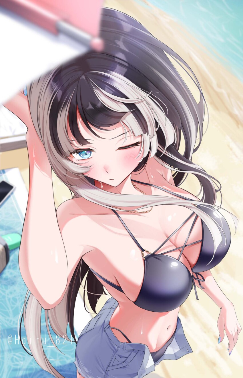 1girl, beach, beach_towel, bikini, black_bikini, black_hair, blue_eyes, blue_nails