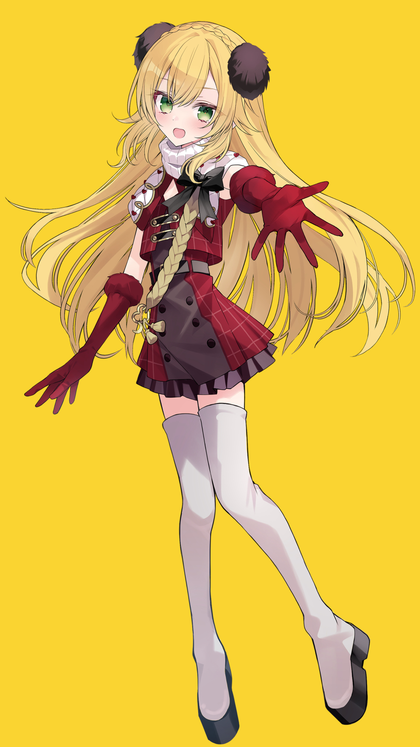 1boy, absurdres, blonde_hair, boots, braid, buttons, colored_shoe_soles, cropped_jacket, crossdressing, crossdressing_(mtf), crown_braid, double-breasted, dress, elbow_gloves, frozen_yakan, full_body, gloves, hair_ornament, highres, jacket, long_hair, looking_at_viewer, male_focus, nijisanji, official_alternate_costume, outstretched_arm, platform_boots, pom_pom_(clothes), pom_pom_hair_ornament, red_dress, red_gloves, red_jacket, sign_wa_b_(oshi_no_ko), simple_background, sleeveless, sleeveless_jacket, smile, solo, thigh_boots, trap, uzuki_kou, virtual_youtuber, white_boots, yellow_background
