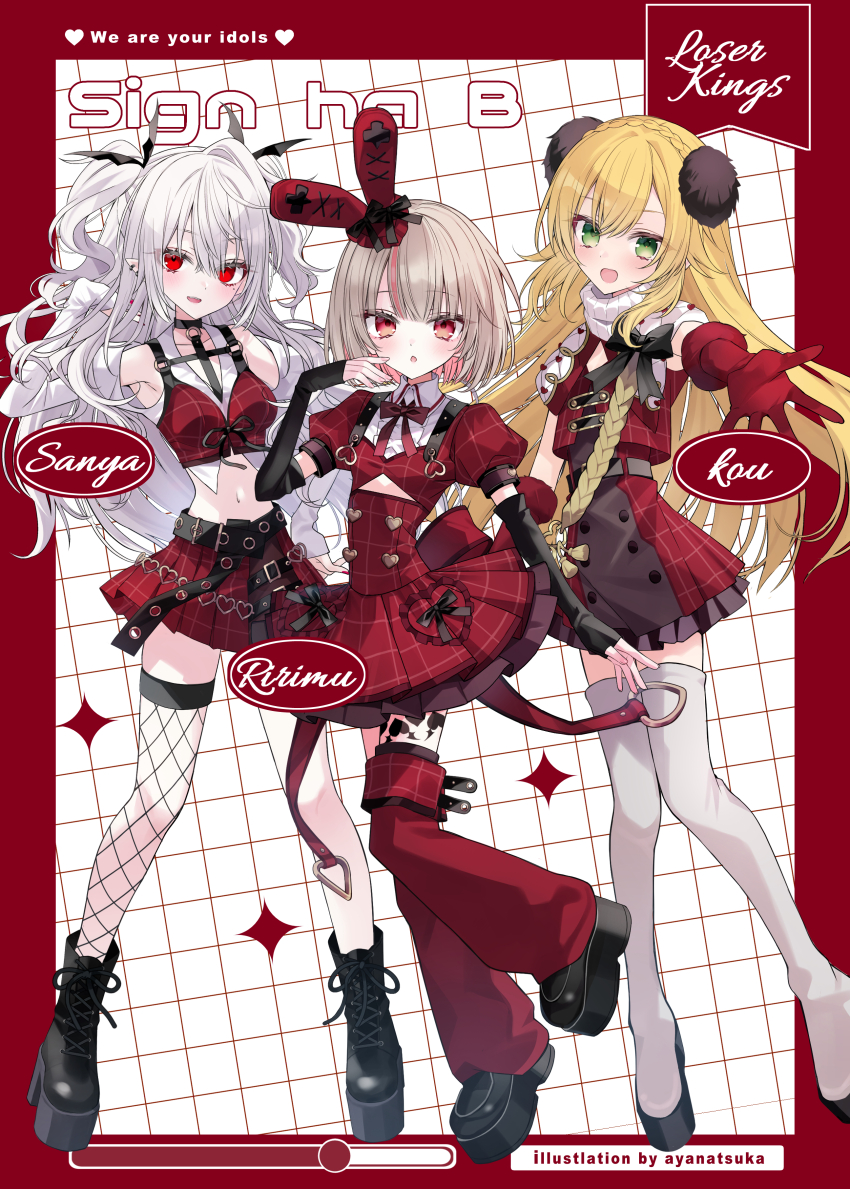 1boy, 2girls, absurdres, ankle_boots, bat_hair_ornament, belt, black_belt, black_boots