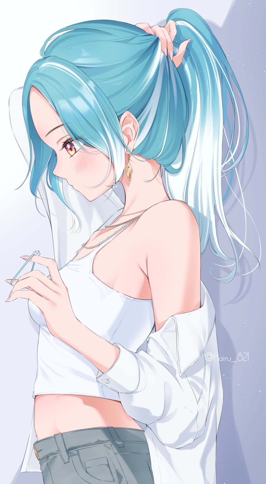 1girl, absurdres, arms_behind_head, bead_necklace, beads, blue_hair, breasts, camisole