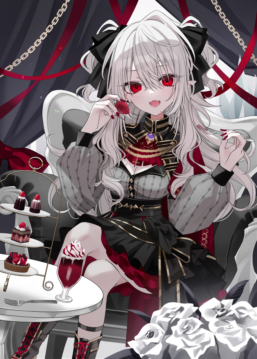 1girl, absurdres, armchair, ascot, black_bow, black_skirt, bow, breasts