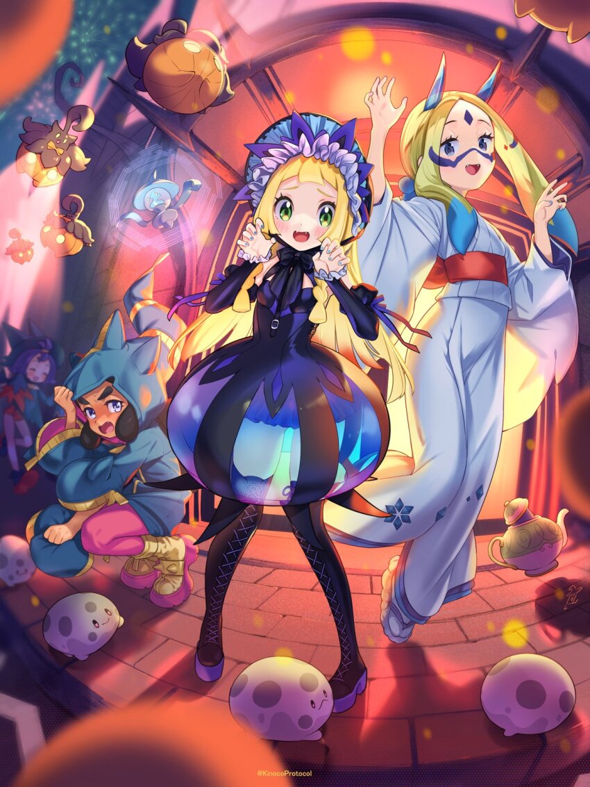 3girls, 4girls, :d, acerola_(pokemon), alternate_costume, banette, black_pantyhose, blonde_hair
