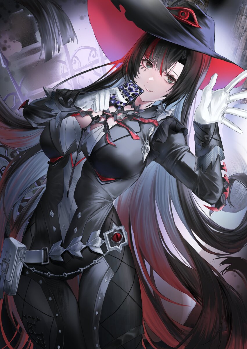 1girl, absurdres, belt_pouch, black_bodysuit, black_hair, black_hat, bodysuit, breasts, card, cleavage_cutout, clothing_cutout, commentary_request, cowboy_shot, curtained_hair, gloves, grey_eyes, hair_between_eyes, hand_up, hat, highres, holding, holding_card, large_breasts, lilith:_daemonissa_(pgr), lilith:_daemonissa_(roulette_of_stolen_time)_(pgr), lilith_(pgr), long_hair, looking_at_viewer, mark_under_eye, multicolored_hair, nekotori_(nekotori221), official_alternate_costume, open_mouth, pouch, puffy_sleeves, punishing:_gray_raven, red_hair, sleeve_cuffs, smile, solo, streaked_hair, two-tone_hair, two-tone_hat, very_long_hair, white_gloves, witch