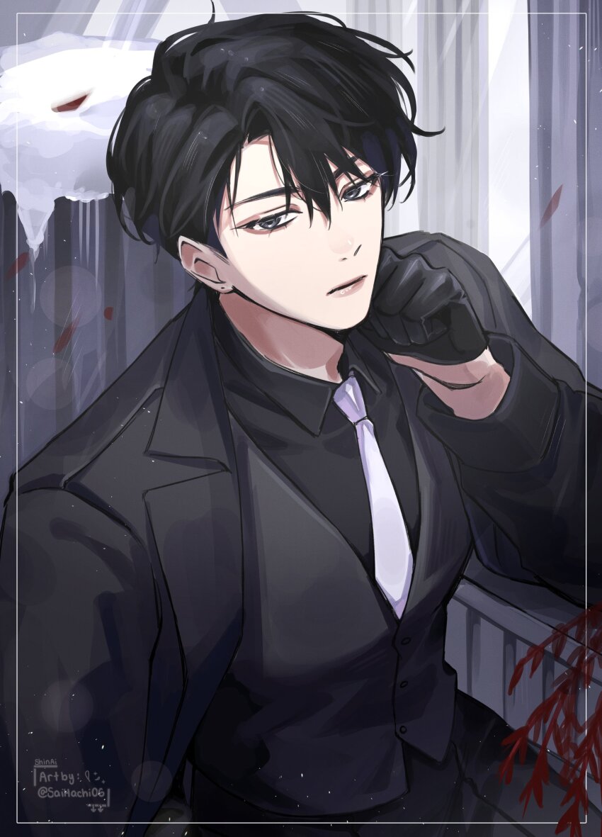 1boy, absurdres, aegyo_sal, black_eyes, black_gloves, black_hair, black_jacket, black_shirt