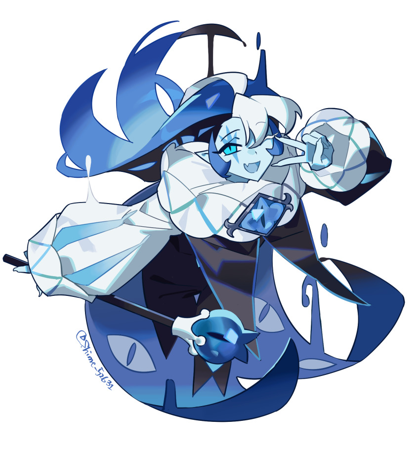 1boy, ;d, ahoge, arm_at_side, bent_over, blue_eyes, blue_gem, blue_hair