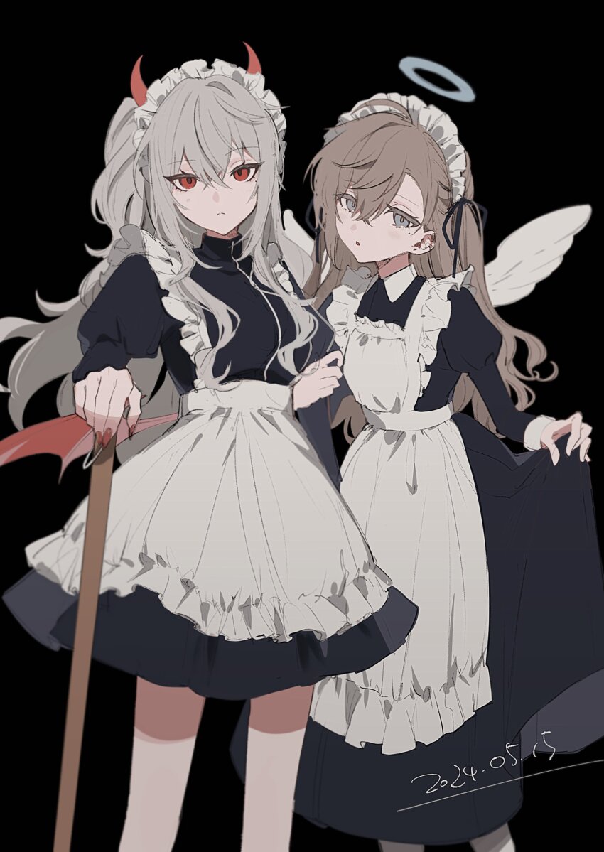 2girls, absurdres, angel_and_devil, angel_wings, apron, black_background, black_dress, brown_hair