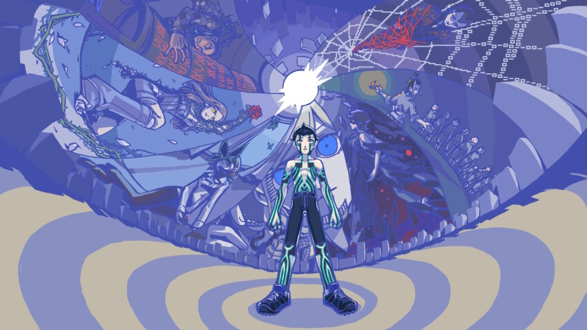 2girls, 6+boys, black_hair, black_shorts, blonde_hair, blue_eyes, bound, brown_hair