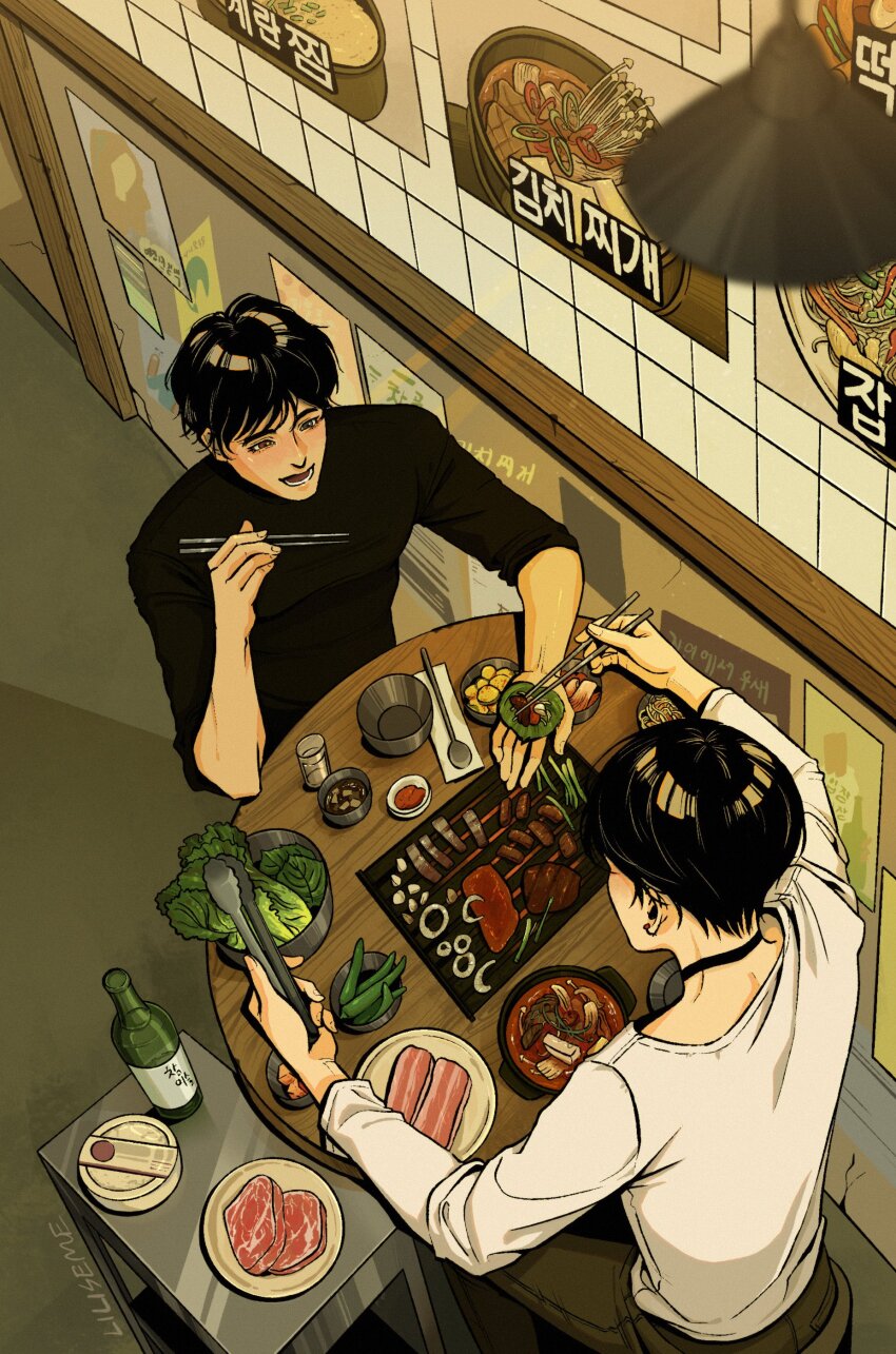 2boys, absurdres, black_shirt, bok_choy, bottle, bowl, character_request, chopsticks, eating, food, from_above, highres, holding, holding_chopsticks, indoors, korean_text, liliseme, male_focus, multiple_boys, naega_kiun_s_geubdeul, onion, raw_meat, shirt, sitting, sleeves_rolled_up, soup, spoon, tongs, translation_request, white_shirt, wine_bottle