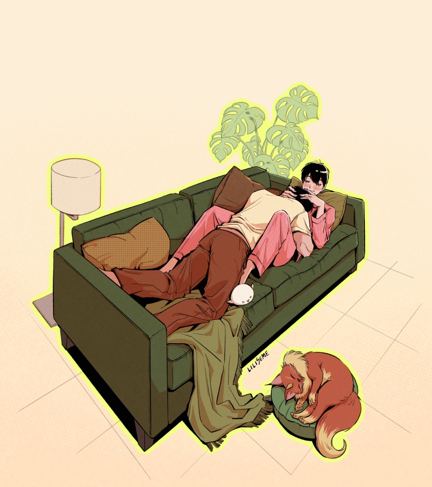 2boys, absurdres, animal, black_hair, blanket, blush, character_request, closed_eyes