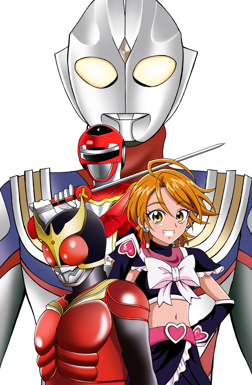 1girl, 3boys, :d, absurdres, alien, arm_warmers, armor, assault_visor