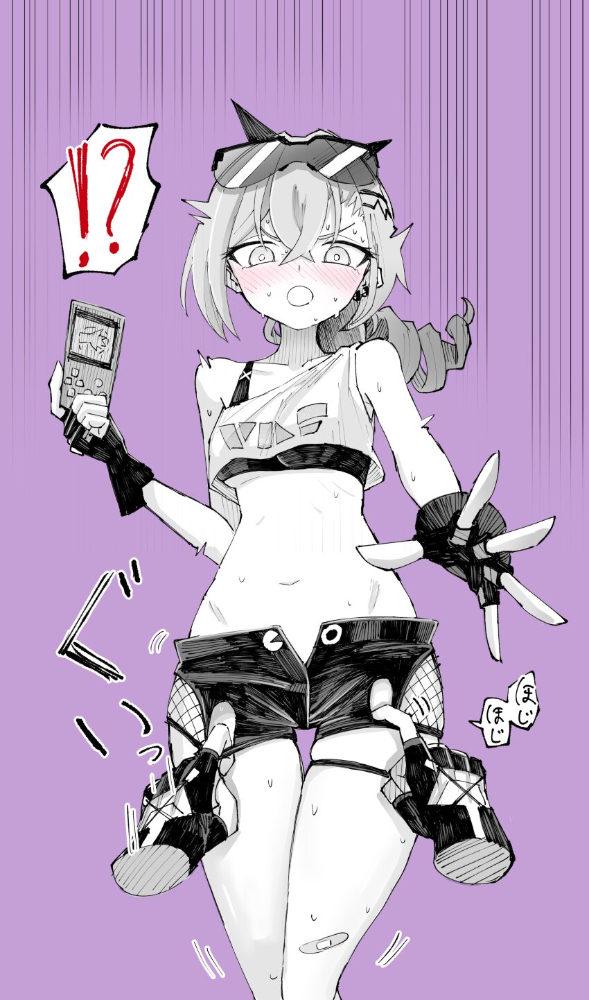 !?, 1girl, 6sakuu, absurdres, blush, clothes_pull, gloves, highres