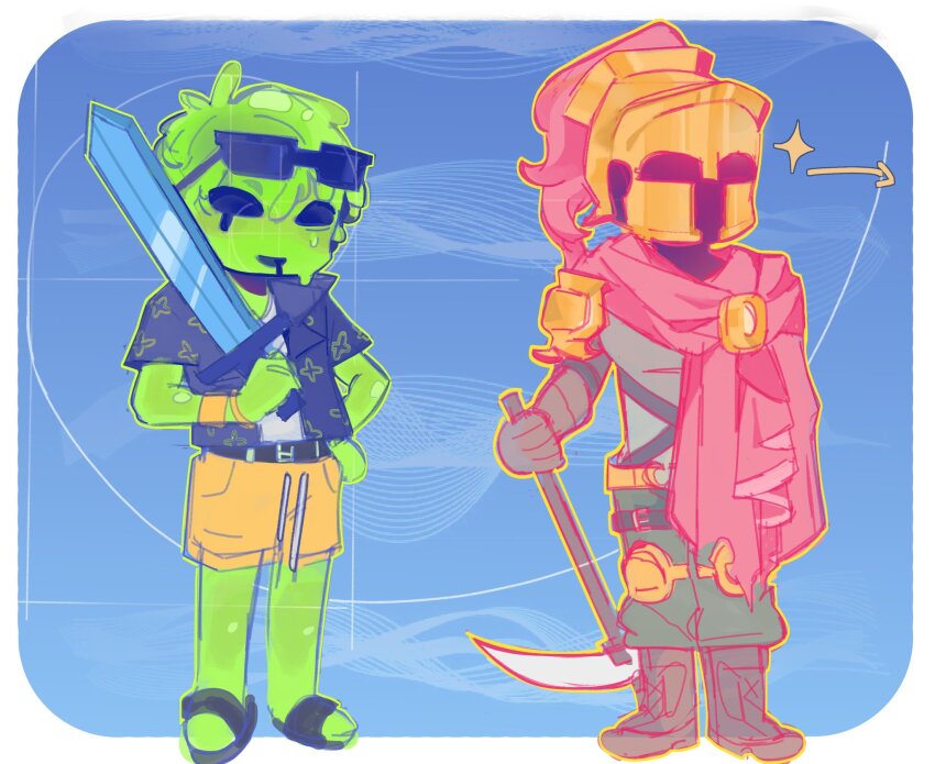 1boy, 1other, armor, arrow_(symbol), averythemayo, bangle, belt, boots