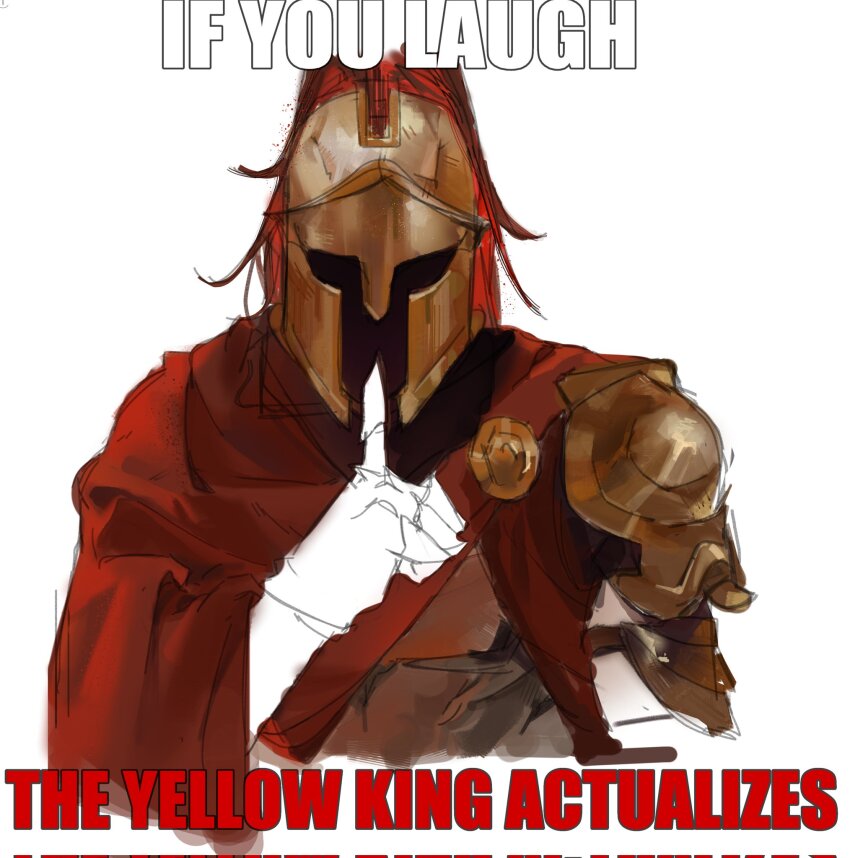 1other, armor, caption, cloak, commentary, d3rlord3, endisnio, english_commentary, english_text, facing_viewer, finger_to_mouth, galea_helmet, highres, meme, painterly, red_cloak, searching_for_a_world_that_doesn't_exist, shushing, solo, upper_body