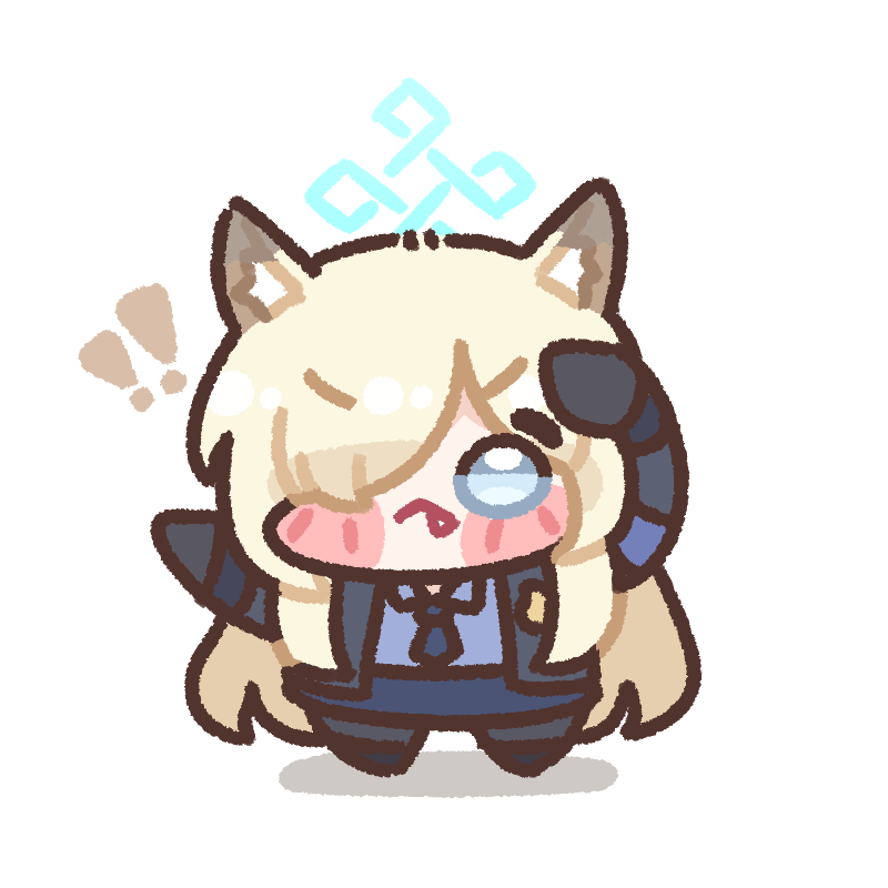 !, !!, 1girl, animal_ear_fluff, animal_ears, arm_up, armband, blonde_hair, blue_archive, blue_armband, blue_eyes, blue_halo, blue_necktie, blue_shirt, blue_skirt, blush_stickers, bugi_33, chibi, closed_mouth, collared_shirt, commentary_request, dog_ears, dog_girl, fang, full_body, hair_over_one_eye, halo, hand_up, hashtag-only_commentary, kanna_(blue_archive), long_hair, long_sleeves, looking_at_viewer, necktie, police, police_uniform, policewoman, shadow, shirt, simple_background, skirt, solo, standing, white_background
