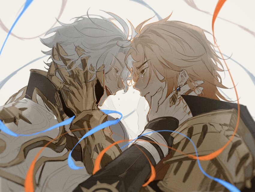 2boys, antenna_hair, armor, blonde_hair, breastplate, commentary, crying, crying_with_eyes_open
