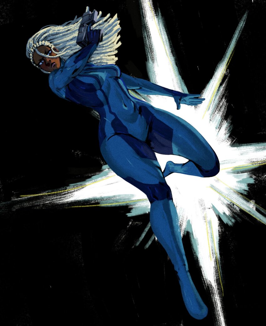 1girl, alternate_hairstyle, alternate_skin_color, braided_dreadlocks, breasts, dark-skinned_female, dark_skin, dreadlocks, full_body, gun, highres, holding, holding_gun, holding_weapon, medium_breasts, metroid, nintendo, redblacktac, samus_aran, skin_tight, solo, weapon, zero_suit