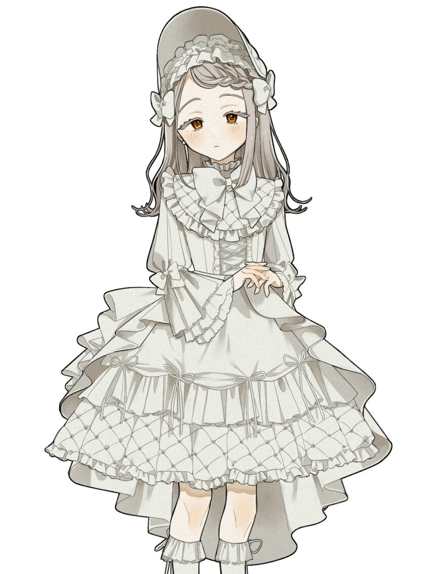 1girl, alternate_costume, bell_sleeves, blonde_hair, bonnet, bow, bowtie, braid