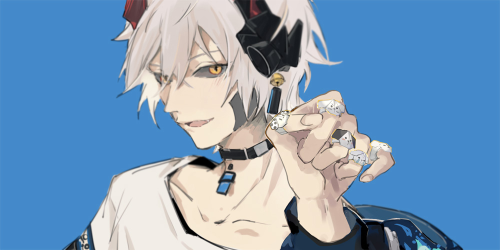 1boy, black_choker, black_sclera, blue_background, choker, collarbone, colored_sclera, hair_between_eyes
