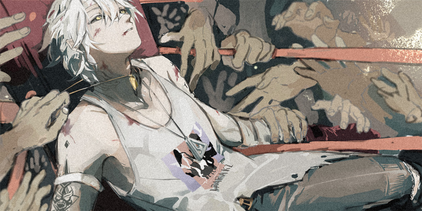 1boy, bandages, blood, blood_on_clothes, blood_on_face, colored_sclera, hair_between_eyes, ibaraki_douji_(onmyoji), injury, jewelry, looking_up, lying, male_focus, mississipping, necklace, onmyoji, pants, parted_lips, short_hair, solo_focus, tank_top, torn_clothes, white_hair, yellow_eyes