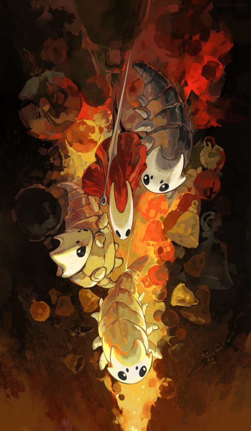 arthropod_girl, baby_animal, beastling_(hollow_knight), bell, black_eyes, black_skin, cloak, colored_skin