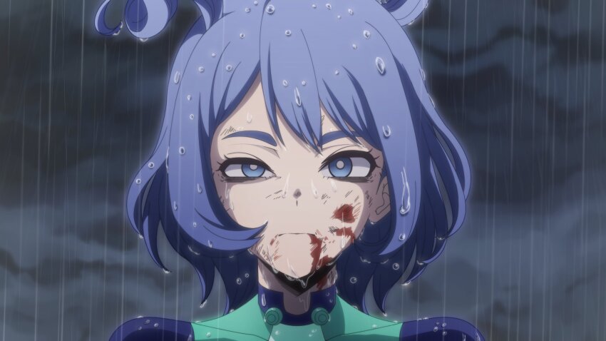 1girl, absurdres, blood, blood_on_face, blue_eyes, blue_hair, bodysuit, boku_no_hero_academia, chainsaw_man, closed_mouth, green_bodysuit, hado_nejire, highres, kyochakocchis, night, official_alternate_hair_length, official_alternate_hairstyle, outdoors, rain, reze's_eye_twitch_(chainsaw_man), scene_reference, solo, superhero_costume, wet, wet_hair